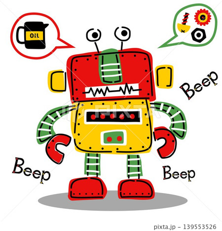 funny colorful robot with machine parts, vector cartoon illustration 139553526