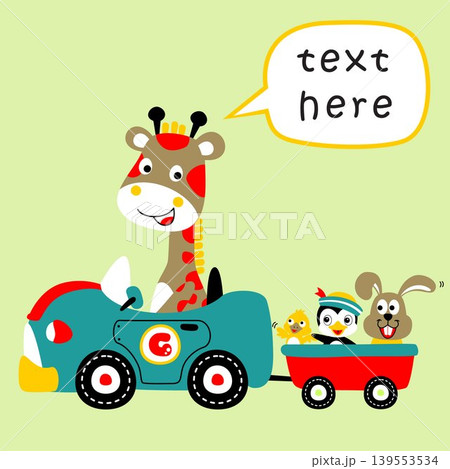 Funny giraffe driving car pulling it friends with cart, vector cartoon illustration 139553534