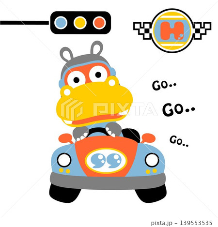 Cute hippopotamus on racing car with racing element, vector cartoon illustration Cute hippopotamus on racing car with racing element, vector cartoon illustration 139553535
