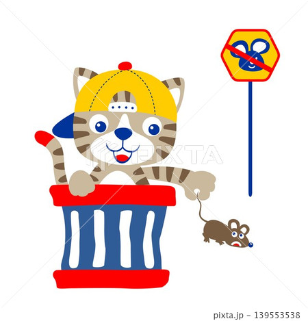 Funny kitten in trash can catch mouse, vector cartoon illustration Funny kitten in trash can catch mouse, vector cartoon illustration 139553538