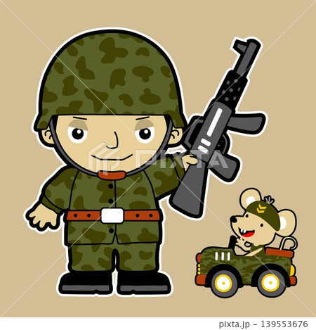 Little soldier with rifle, mouse driving military car, vector cartoon illustration Little soldier with rifle, mouse driving military car, vector cartoon illustration 139553676