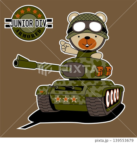 Funny bear soldier cartoon driving armored vehicle, vector illustration 139553679
