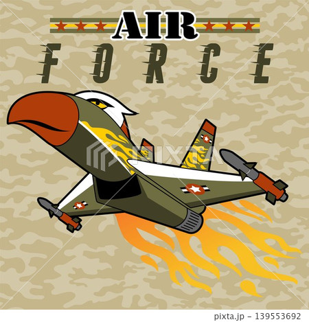 Fighter jet in eagle features on camouflage background, vector cartoon illustration Fighter jet in eagle features on camouflage background, vector cartoon illustration 139553692