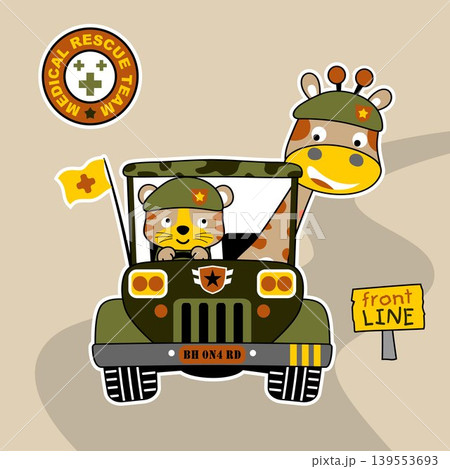 Cute giraffe and tiger wearing soldiers cap on military car, vector cartoon illustration Cute giraffe and tiger wearing soldiers cap on military car, vector cartoon illustration 139553693