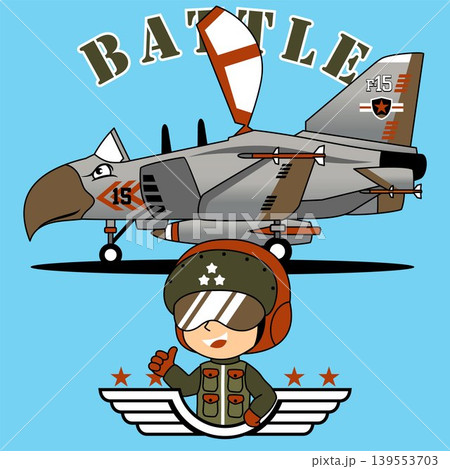 young pilot cartoon with fighter jet, vector cartoon illustration 139553703
