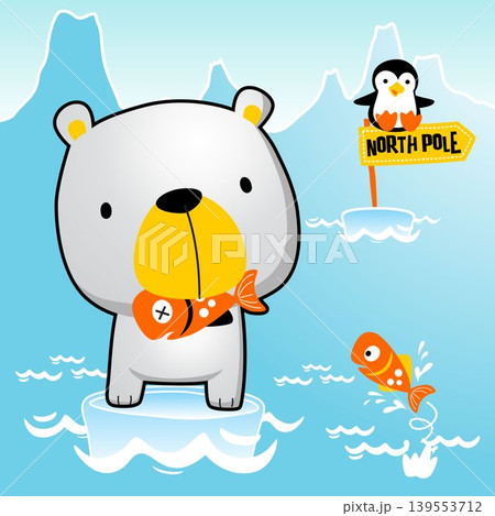Cute polar bear with little penguin catch fish, north pole life, vector cartoon illustration Cute polar bear with little penguin catch fish, north pole life, vector cartoon illustration 139553712