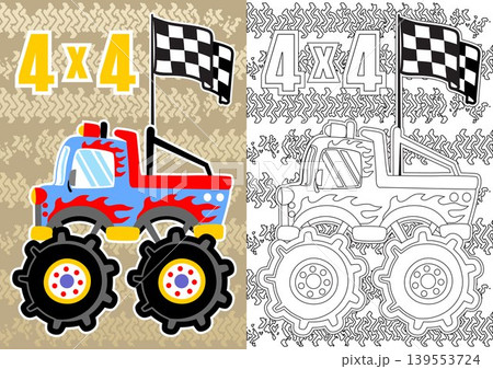 Monster truck with finish flag on tire track background, Vector cartoon illustration, coloring book or page Monster truck with finish flag on tire track background, Vector cartoon illustration, coloring book or page 139553724