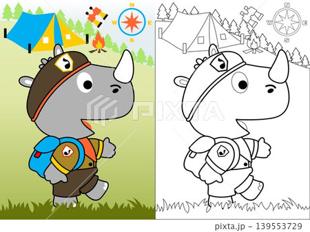 Little rhinoceros in scout uniform on camping ground background, vector cartoon illustration, coloring book or page Little rhinoceros in scout uniform on camping ground background, vector cartoon illustration, coloring book or page 139553729