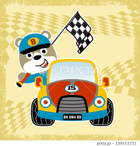 Cute bear on race car with finish flag, vector cartoon illustration 139553731