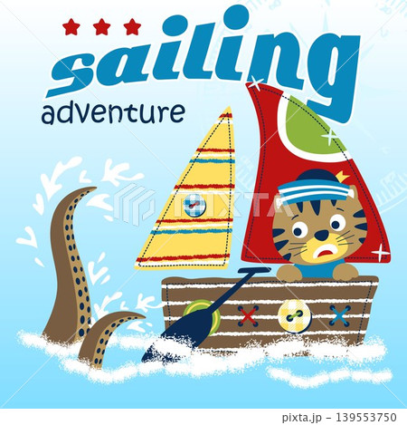 Giant octopus attack kitten on sailboat, vector cartoon illustration Giant octopus attack kitten on sailboat, vector cartoon illustration 139553750