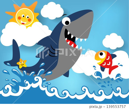 Funny shark with starfish and little fish, smiling sun behind clouds, vector cartoon illustration 139553757