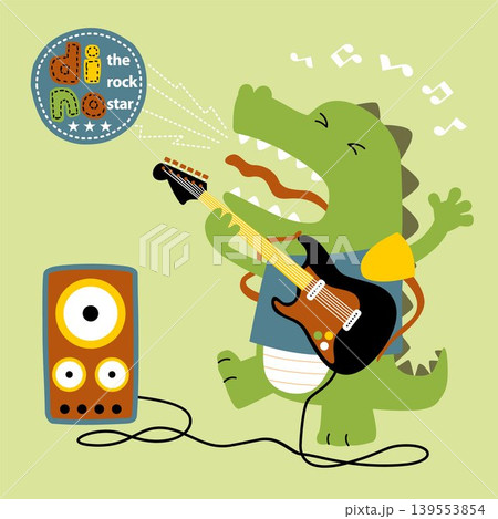 Funny dinosaur playing guitar, vector cartoon illustration Funny dinosaur playing guitar, vector cartoon illustration 139553854