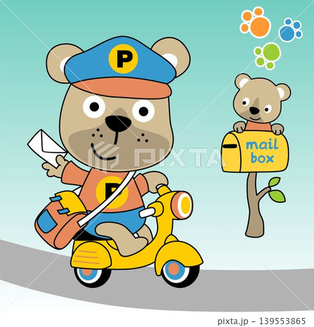 cute bear riding scooter, little bear on mail box, vector cartoon illustration cute bear riding scooter, little bear on mail box, vector cartoon illustration 139553865