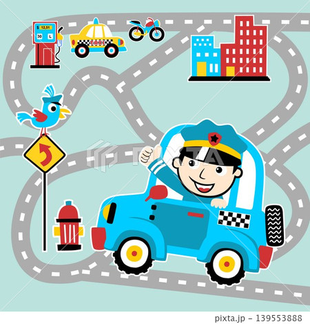 Funny policeman on car, little bird perching on road sign, city traffic elements, vector cartoon illustration 139553888