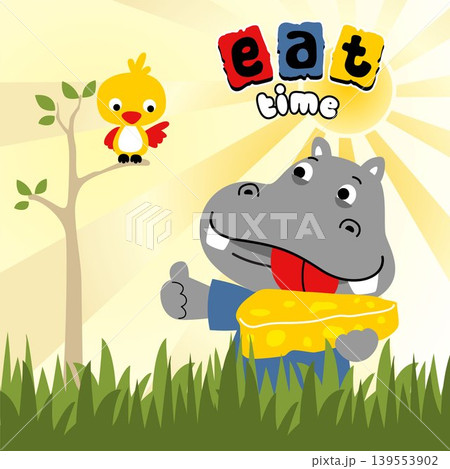 Cute hippo holding cheese with little bird on tree, vector cartoon illustration Cute hippo holding cheese with little bird on tree, vector cartoon illustration 139553902