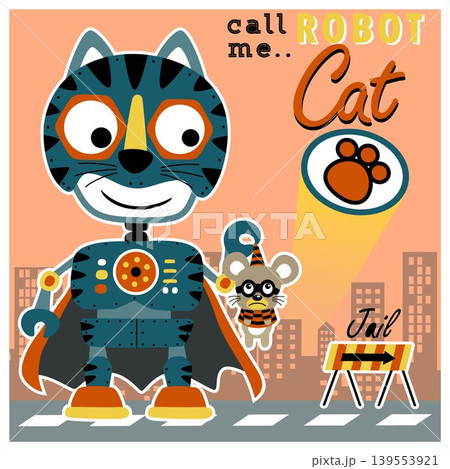 Funny robot cat catching criminal mouse on buildings background, vector cartoon illustration Funny robot cat catching criminal mouse on buildings background, vector cartoon illustration 139553921