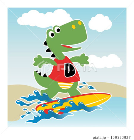 Funny dinosaur playing surfboard in the beach, vector cartoon illustration Funny dinosaur playing surfboard in the beach, vector cartoon illustration 139553927