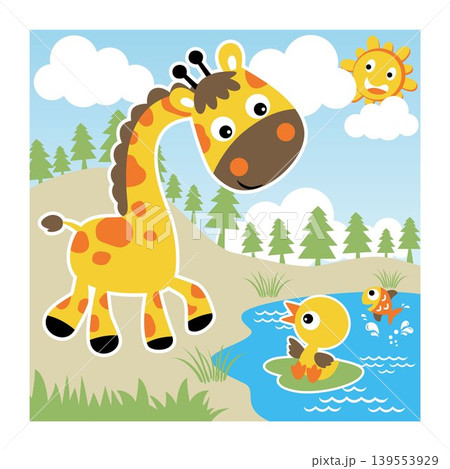 cute giraffe with little duck and fish in river, smiling sun behind clouds, vector cartoon illustration cute giraffe with little duck and fish in river, smiling sun behind clouds, vector cartoon illustration 139553929