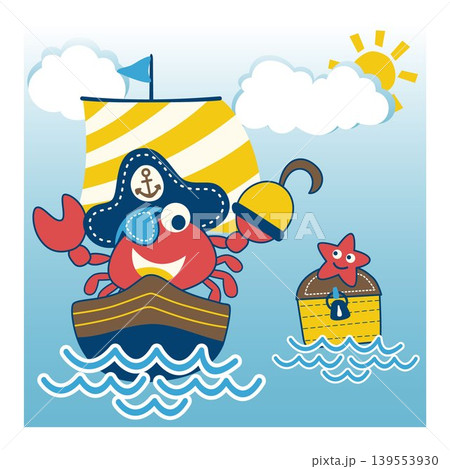 cute crab pirate on sailboat, starfish on treasure chest, vector cartoon illustration cute crab pirate on sailboat, starfish on treasure chest, vector cartoon illustration 139553930