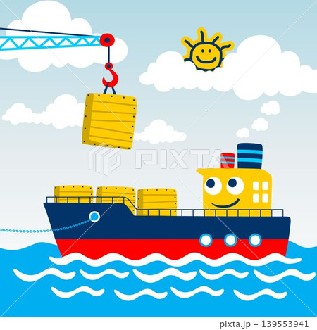 cartoon of cargo ship in the port 139553941