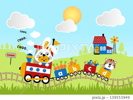 Cute rabbit with cat on steam train transporting crops on rural scene background , vector cartoon illustration Cute rabbit with cat on steam train transporting crops on rural scene background , vector cartoon illustration 139553949