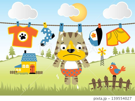 Cute kitten with clothes hanging in clothesline on rural scene background, bird on fence, vector cartoon illustration Cute kitten with clothes hanging in clothesline on rural scene background, bird on fence, vector cartoon illustration 139554027