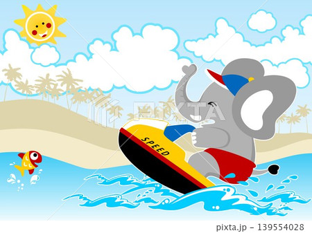 Cute elephant playing jet ski in the beach at summer holiday, little fish jump out from water, vector cartoon illustration 139554028