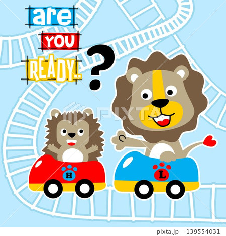 Cute lion with hedgehog playing roller coaster, vector cartoon illustration Cute lion with hedgehog playing roller coaster, vector cartoon illustration 139554031