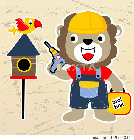 Cute lion in builder costume holding toolbox and electric drill, little bird on cage, vector cartoon illustration Cute lion in builder costume holding toolbox and electric drill, little bird on cage, vector cartoon illustration 139554034