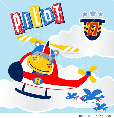 Cute hippo on helicopter with birds, vector cartoon illustration Cute hippo on helicopter with birds, vector cartoon illustration 139554036