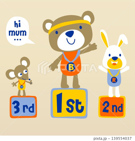 cute animals sport winner on podium, vector cartoon illustration 139554037