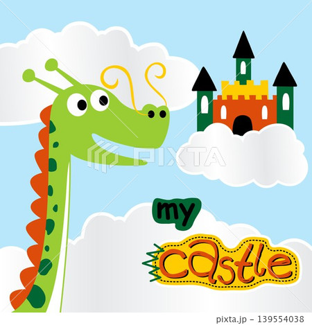 Funny dragon with castle on clouds, vector cartoon illustration Funny dragon with castle on clouds, vector cartoon illustration 139554038