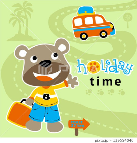 Vector cartoon of cute bear with travel bag waiting for bus Vector cartoon of cute bear with travel bag waiting for bus 139554040