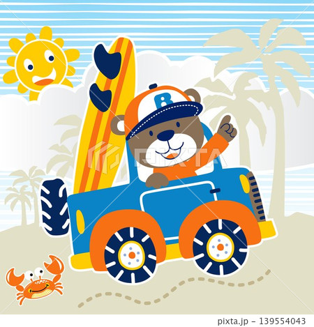 funny bear on car with little crab in the beach, smiling sun behind clouds, vector cartoon illustration funny bear on car with little crab in the beach, smiling sun behind clouds, vector cartoon illustration 139554043