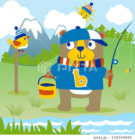 funny bear fishing in river with little bird, sun behind clouds, vector cartoon illustration funny bear fishing in river with little bird, sun behind clouds, vector cartoon illustration 139554049