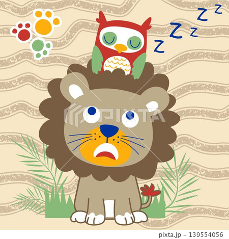 Cute owl sleeping on lions head, vector cartoon illustration Cute owl sleeping on lions head, vector cartoon illustration 139554056