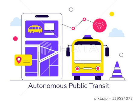 Autonomous Public Transit Vector Illustration Featuring Smart City Shuttle, Self Driving Bus, Modern Urban Transportation Technology Design 139554075