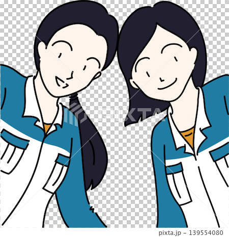 兩名身穿工作服(藍色制服)的女性的插圖 兩名身穿工作服(藍色制服)的女性的插圖 139554080