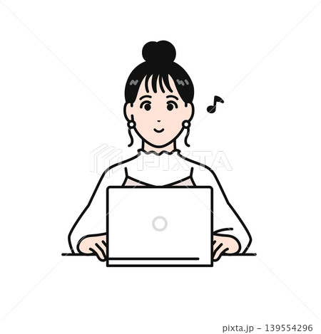 まとめ髪の若い女性が正面を見てノートパソコンを操作するシンプルなベクターイラスト素材 139554296