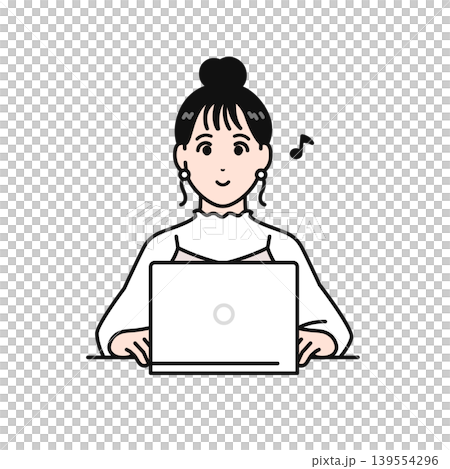 まとめ髪の若い女性が正面を見てノートパソコンを操作するシンプルなベクターイラスト素材 139554296