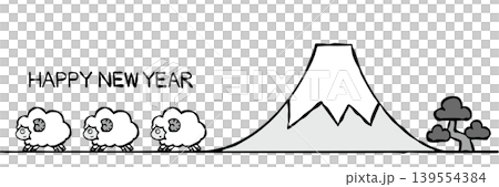 [Monochrome] New Year's card material: Simple sheep and Mt. Fuji 139554384