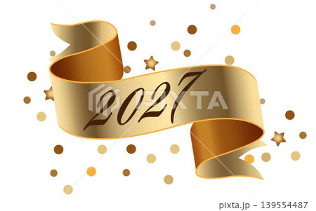 Gold ribbon with the numbers 2027 with confetti and stars on a white background. Surrounded by shimmering golden confetti and stars, this festive design is perfect for New Year celebrations. Vector Gold ribbon with the numbers 2027 with confetti and stars on a white background. Surrounded by shimmering golden confetti and stars, this festive design is perfect for New Year celebrations. Vector 139554487