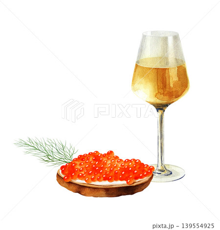 Sandwich with red caviar, wineglass with wine. Watercolor illustration on a white background. Restaurant menu, invitation, postcard, label. Seafood, beverage. New year, Christmas, birthday, theater. Sandwich with red caviar, wineglass with wine. Watercolor illustration on a white background. Restaurant menu, invitation, postcard, label. Seafood, beverage. New year, Christmas, birthday, theater. 139554925