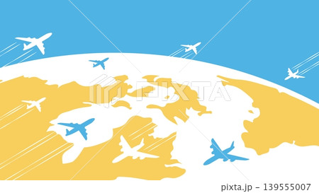 Isometric horizontal retro web banner with passenger planes flying against the backdrop of planet Earth. 3D cartoon vector isolated on blue sky background 139555007