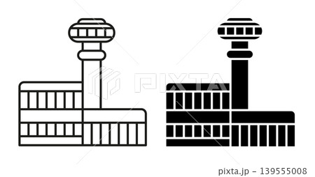 Linear icon. Airport building with a passenger arrivals area and a control tower. Simple black and white vector isolated on white background Linear icon. Airport building with a passenger arrivals area and a control tower. Simple black and white vector isolated on white background 139555008