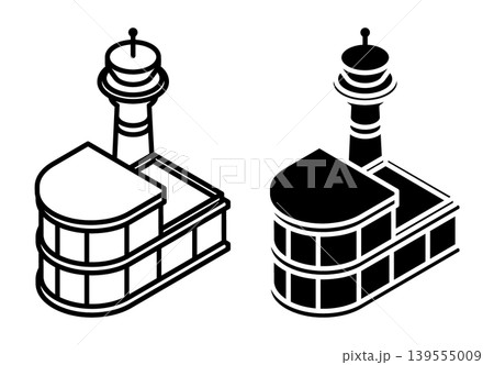 Linear isometric icon. Airport building with a passenger arrivals area and a control tower. Simple vector isolated on white background Linear isometric icon. Airport building with a passenger arrivals area and a control tower. Simple vector isolated on white background 139555009