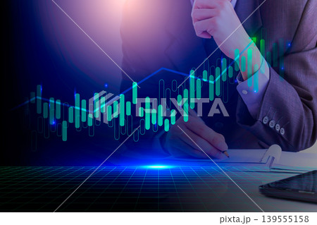Stock market or forex trading graph and candlestick chart suitable for financial investment concept. Economy trends background for business idea and all art work design. Abstract finance background. Stock market or forex trading graph and candlestick chart suitable for financial investment concept. Economy trends background for business idea and all art work design. Abstract finance background. 139555158