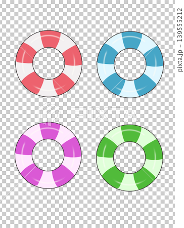 A set of four colorful inflatable rings with red, blue, purple, and green stripes. A set of four colorful inflatable rings with red, blue, purple, and green stripes. 139555212