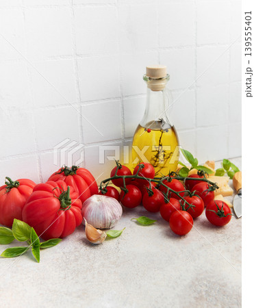 Fresh italian ingredients creating healthy cooking food background Fresh italian ingredients creating healthy cooking food background 139555401