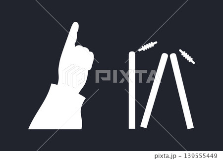 Cricket Out Decision Set. White Silhouette of Umpire Hand Pointing Up and Broken Wicket with Flying Bails. Isolated Vector Illustration on dark 139555449